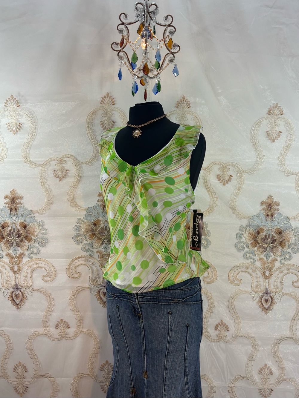 ✨Vintage Y2K Lime & Orange Stripes & Polkadot Ruffle Tank Top✨